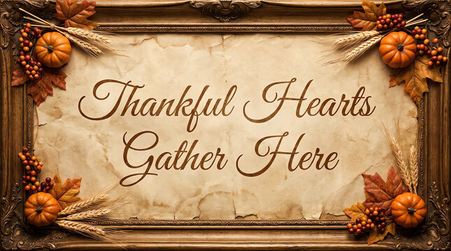 Rustic thanksgiving sign with the text thankful hearts gather here decorated with pumpkins and autumn leaves