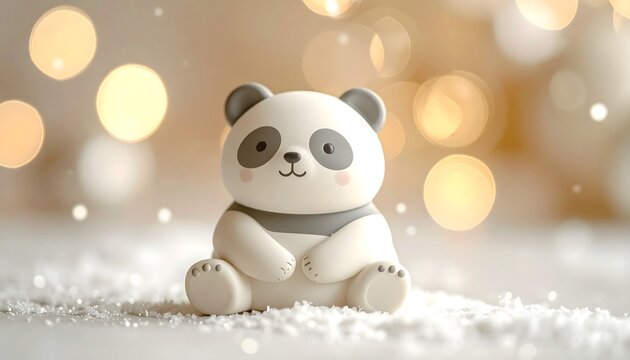 Figura decorativa de panda sobre nieve con fondo bokeh c&aacute;lido