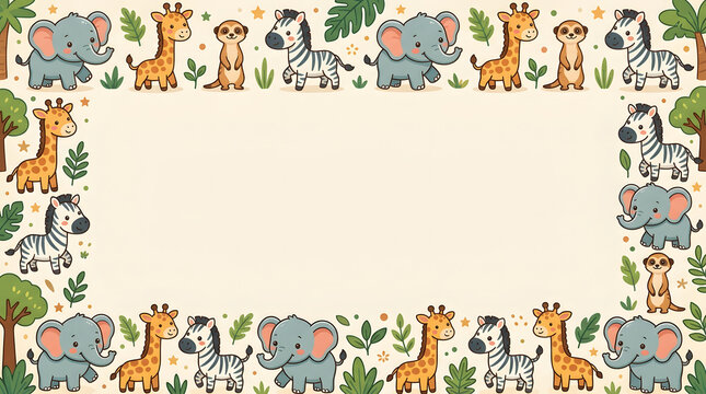 Cute Safari Animal Border Frame Featuring Cartoon Elephant Giraffe Zebra and Meerkat with Tropical Leaves and Trees for Children Invitation Background