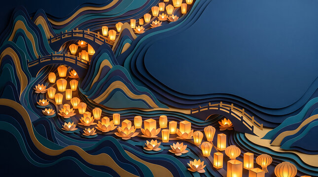 Premium Paper Cut Light Festival with Glowing Lanterns and Lotus Lights