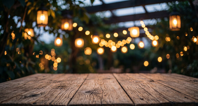 Wooden tabletop with blurred string lights and garden background