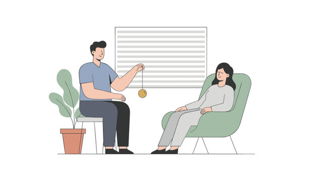 Professional male therapist hypnotizing a relaxed female client in his counseling office using a golden pendulum.