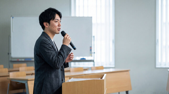 セミナー会場の教壇で熱心に講義を行う若い男性講師 | 明るい室内