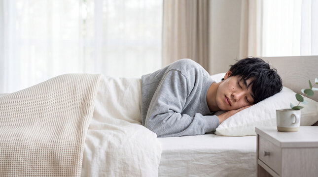 清潔なベッドの枕元で心地よい眠りにつく二十代の若い男性 | 穏やかな光