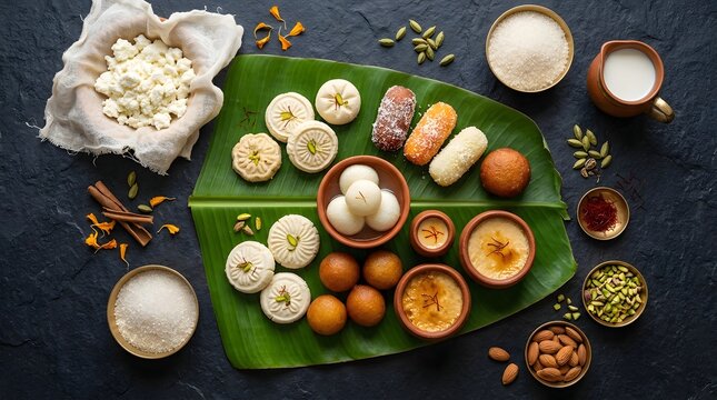 Assorted Indian sweets arranged on banana leaf with rustic background