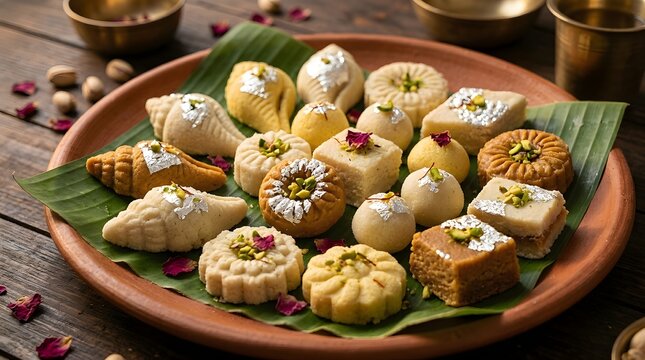 Assorted Indian sweets on a clay plate with banana leaf