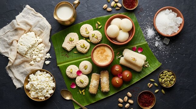 Assorted Indian sweets arranged on banana leaf with ingredients