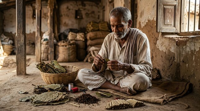 Elderly man crafting traditional cigars in rustic workshop setting