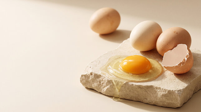 Fresh chicken eggs in a variety of natural colors, featuring realistic eggshell textures, golden yolks, and delicate broken shells.
