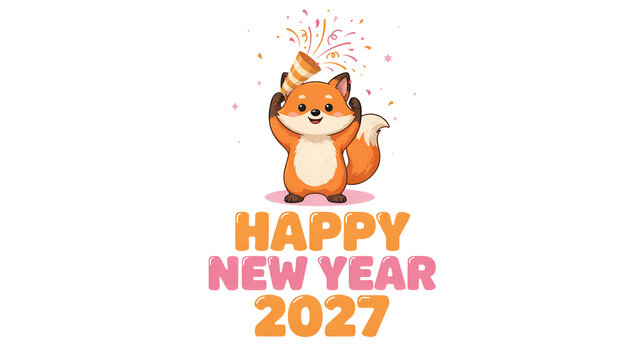 Cute little red fox celebrating new year twenty twenty seven with festive confetti and colorful party horn illustration