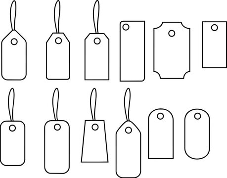 Set of blank retail price tags with strings on white background