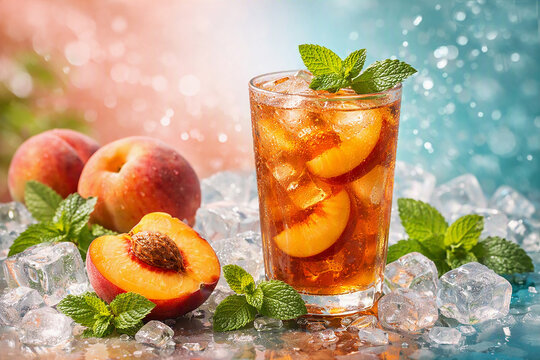 Refreshing Glass of Iced Peach Tea with Fresh Mint Leaves and Ice Cubes