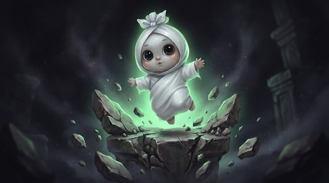 A cute little pocong ghost character levitates happily over a cracked stone platform