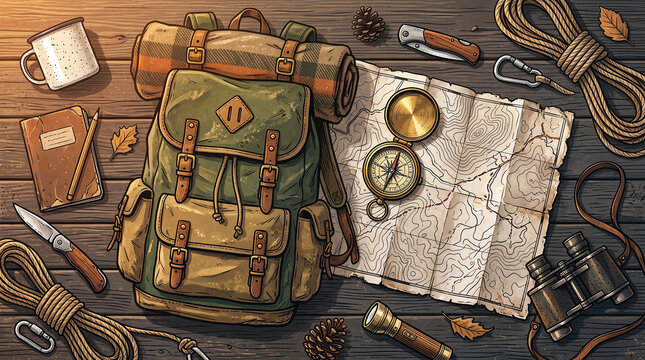 Top view flatlay illustration of vintage hiking backpack compass map binoculars and outdoor gear