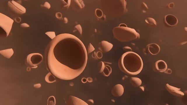 Abstract 3D animation of terracotta clay bowl fragments and earthenware cups floating in warm atmospheric space 4K Generative AI