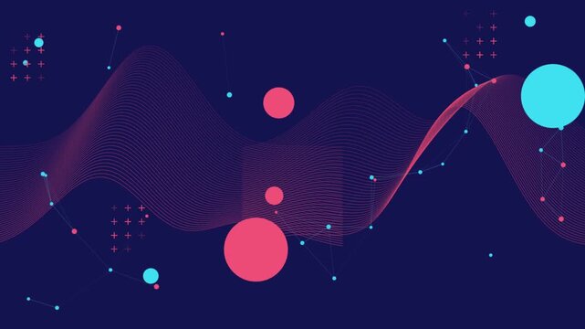 Abstract glowing pink digital waves moving across a dark blue futuristic technological background with connected nodes