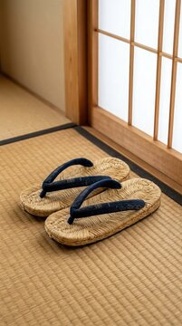 Traditional Japanese zori sandals made of woven straw and dark fabric straps rest neatly on a textured tatami mat surface next to a shoji screen, peaceful, heritage, traditionalist