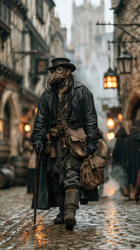 Plague Doctor Walking Through Medieval City