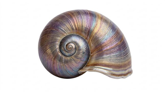 A single beautiful grey spiral snail shell with colorful pattern details isolated as a macro nature object for design isolated on transparent background