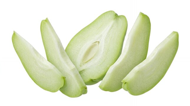 Fresh Sliced Chayote Squash Isolated on White Background Healthy Organic Green Mirliton Vegetable Components