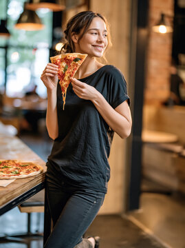 Young Woman Eating Pizza in Restaurant &ndash; Generative AI &ndash; no real persons