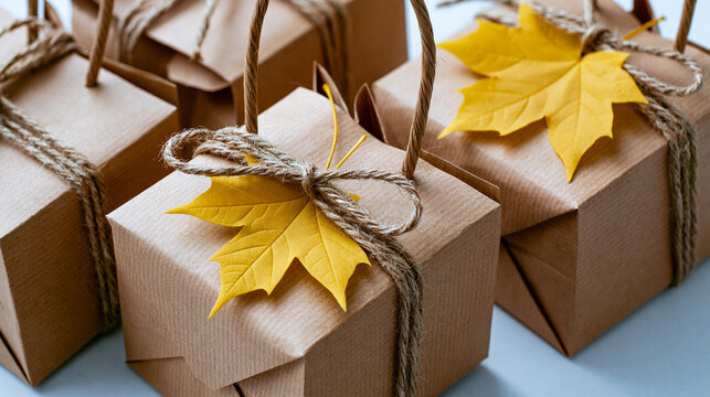 Craft gift boxes wrapped with rustic twine string decorated with vibrant yellow maple leaves