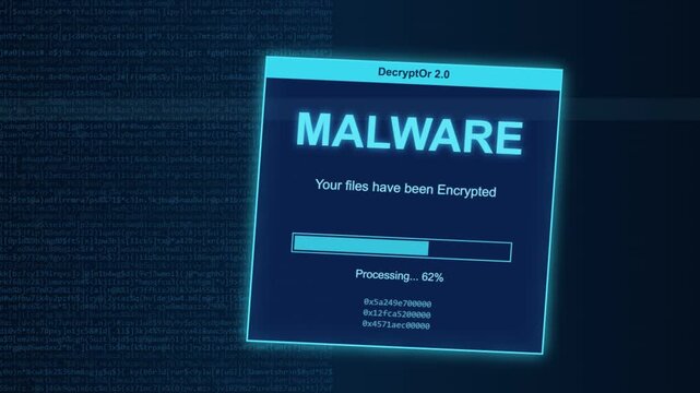 Malicious software warning message displaying ransomware infection notification on digital computer screen during cyber attack