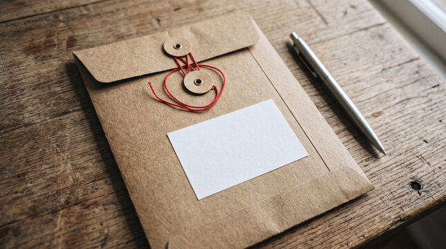String and button kraft envelope mockup with blank label on wood