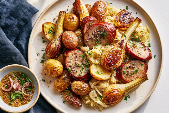 Sausage with Potatoes, Spring Onions and Mustard