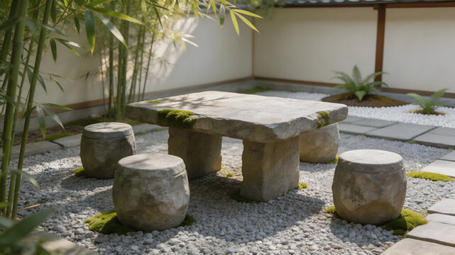 Rough-hewn stone table and stools with moss on white gravel in Japanese garden