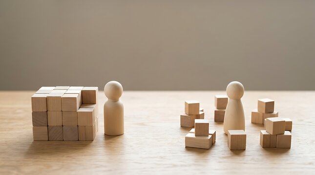 Wooden peg dolls with small stacked blocks on a rustic table doll figure block