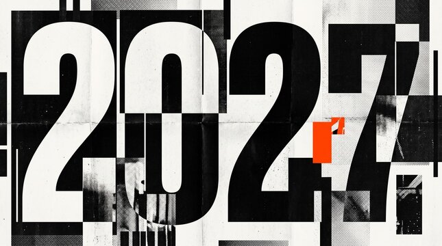 Large metallic 2027 numbers standing on a concrete plaza overlooking a calm ocean bay at sunrise, representing the future and upcoming new year celebration in a modern architectural setting.