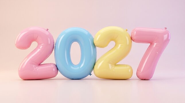 Large metallic 2027 numbers standing on a concrete plaza overlooking a calm ocean bay at sunrise, representing the future and upcoming new year celebration in a modern architectural setting.
