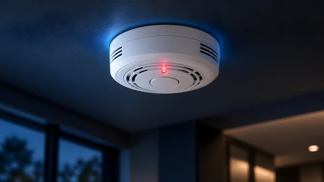 Modern White Smoke Detector Mounted on Ceiling with Red Indicator Light Glowing at Night, Fire Alarm System and Home Security Technology in Contemporary Interior Residential Space