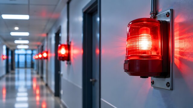 Red emergency strobe lights flashing in a long institutional corridor during an alert or evacuation procedure, symbolizing security, fire alarm system, and building safety protocols.