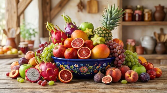 Assorted fresh tropical and temperate fruits arranged on wooden