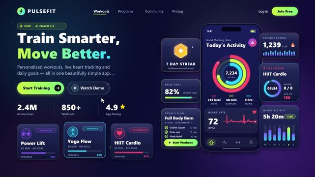 Modern fitness app landing page with dark mode UI, glowing elements, and workout tracking dashboard interface design