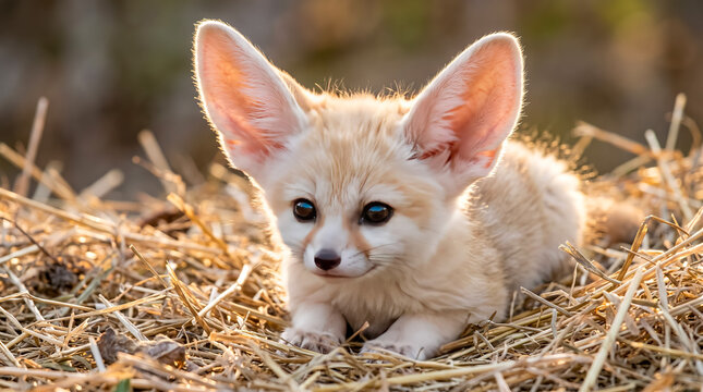 Fennec fox kit resting in straw during daylight