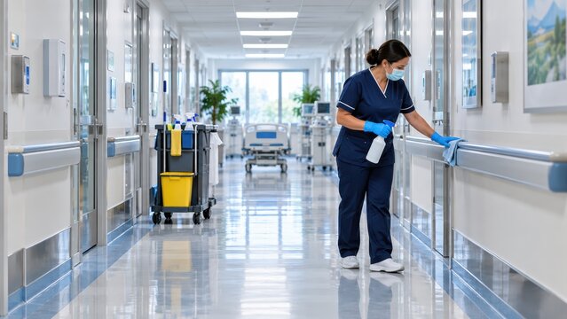 healthcare worker in scrubs and a mask sanitizes a hospital corridor, ensuring cleanliness and safety in a medical facility.