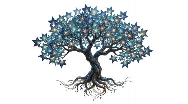 Magical Fantasy Tree with Glowing Star Shaped Leaves and Intricate Roots Isolated on White Background Illustration