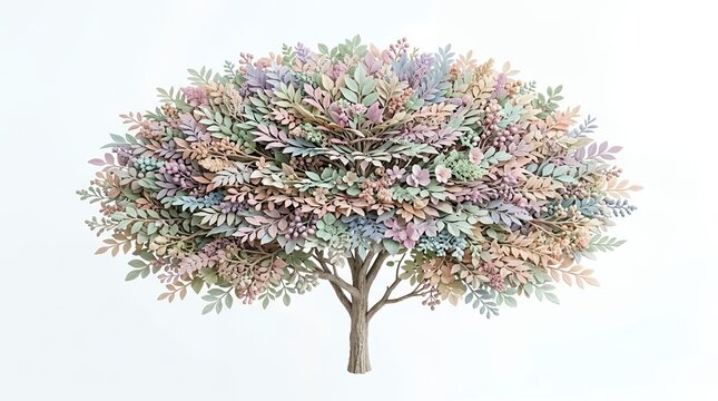 Artistic Tree of Life Illustration Featuring Pastel Colored Leaves and Berries Isolated on a Plain White Background