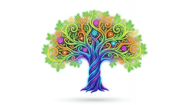 Vibrant Glowing Tree of Life with Mystical Symbols and Colorful Swirl Branches Isolated on White Background