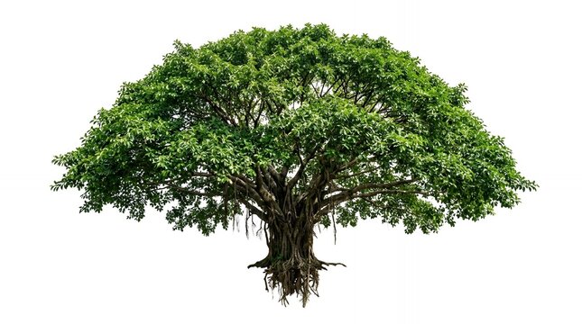Majestic Ancient Banyan Tree with Lush Green Foliage and Complex Roots Isolated on a Clean White Background
