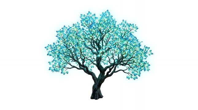 Magical Bioluminescent Tree with Vibrant Cyan Foliage and Ancient Gnarled Trunk Isolated on Plain White Background