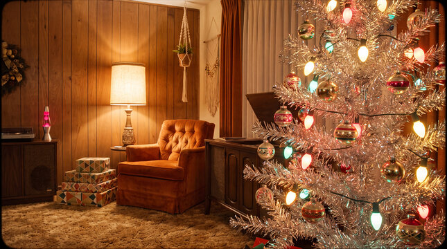 Christmas home interior with chair, christmas tree with garland. Cozy holiday home.