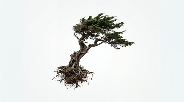 Majestic Windswept Cypress Tree with Visible Exposed Roots Isolated on White Background for Nature and Design