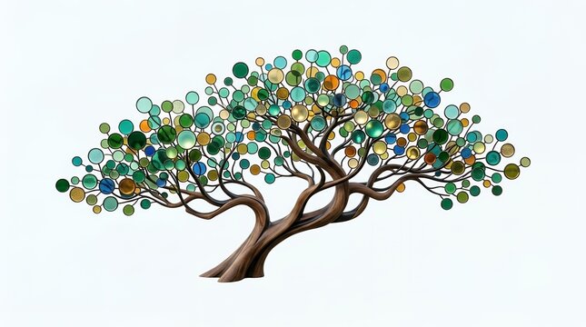 Beautiful Decorative Abstract Tree with Colorful Glass Circle Leaves and Elegant Wooden Branches on White Background