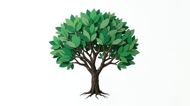 Lush Green Paper Cut Tree with Layered Foliage and Textured Trunk Isolated on White Background for Ecology