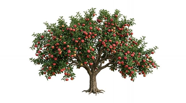 Mature Apple Tree with Ripe Red Fruits and Green Foliage Isolated on Plain White Background for Agriculture
