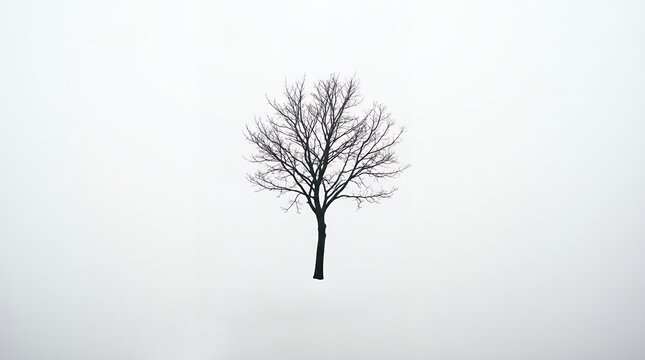 Single Bare Tree Silhouette against Minimalist White Background for Winter Nature Design and Conceptual Art